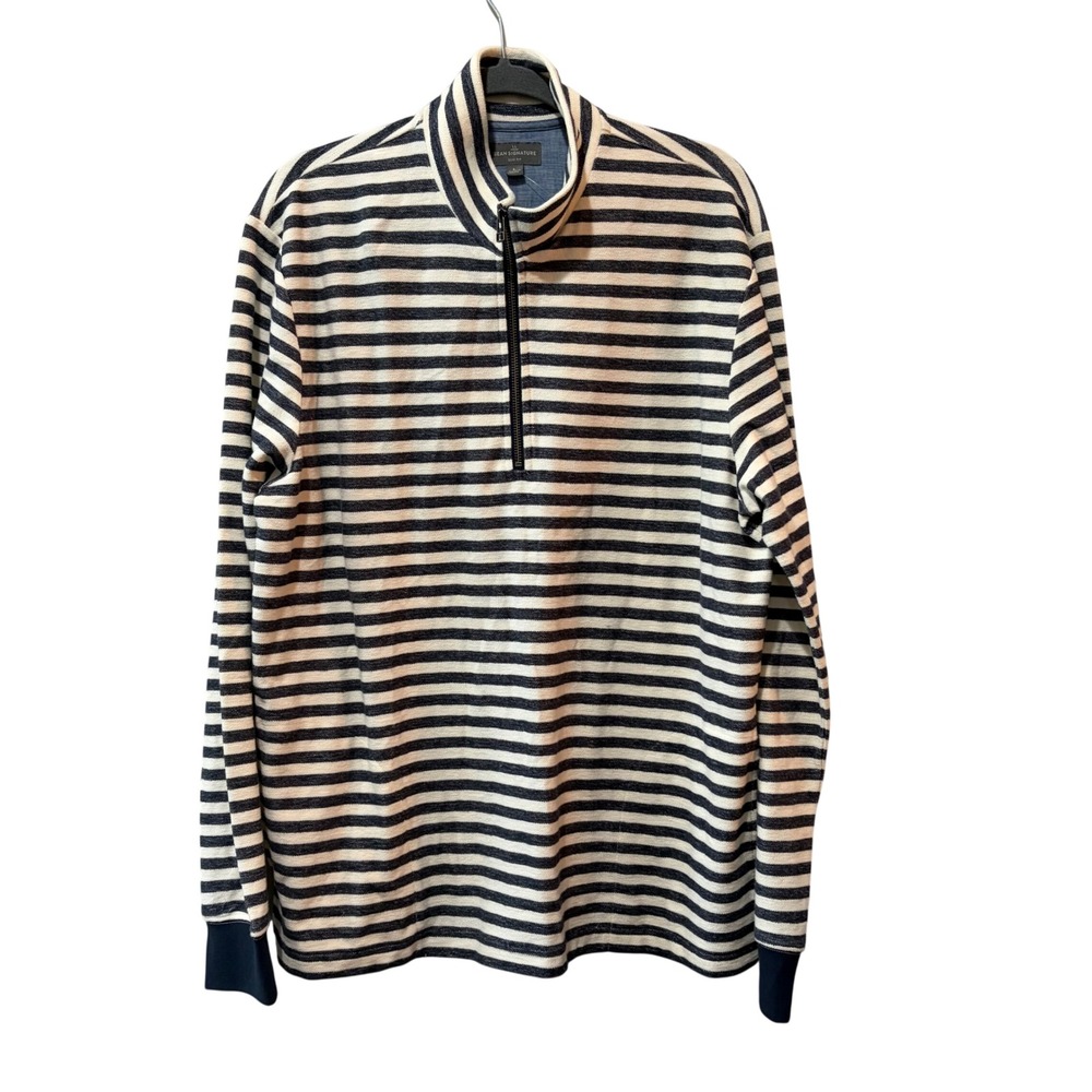 LL Bean Signature Quarter Zip Pullover Mens Large Blue White Stripe Preppy